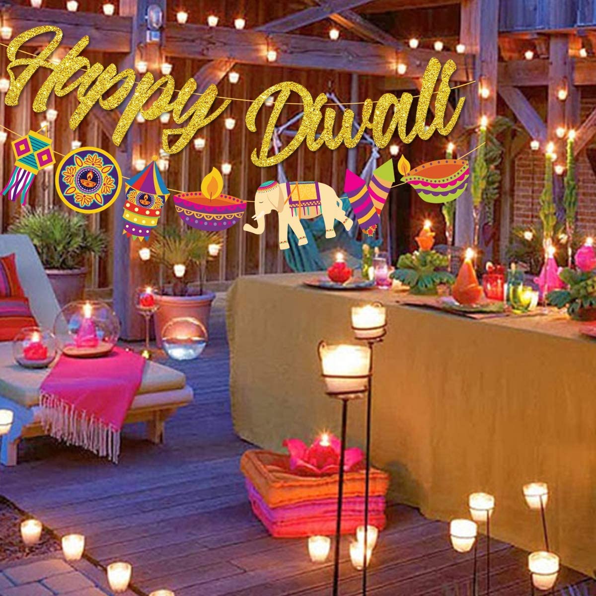 CHEEREVEAL Diwali Party Decorations Happy Diwali Gold Glitter Banner Garland Diwali Festival Celebration Party Decor Supplies