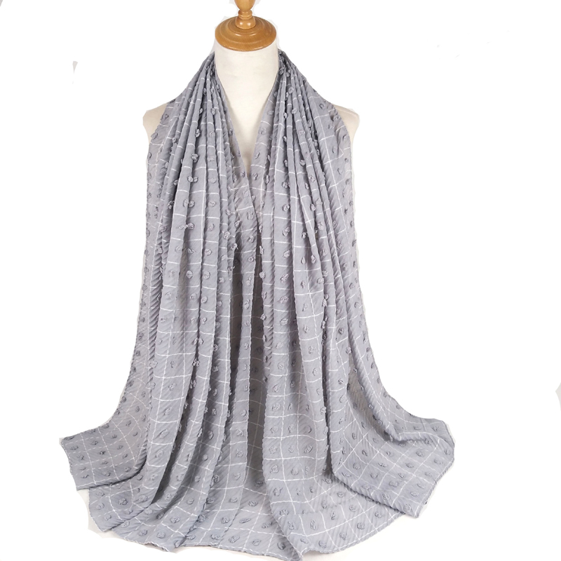 Kvinder fuld plisseret crush bomuldstørklæde muslimske hijabs sjaler tern stribede plaider fuzzy ball shawl hovedtørklæde wraps tudung tørklæder: 5 grå