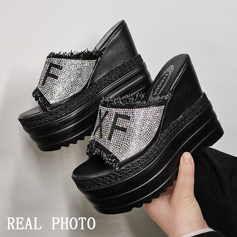 Platform Rhinestone Sandals Slippers Women Beach Slides Women Wedge Platform Slippers Summer Beach Slippers Open Toe Heels