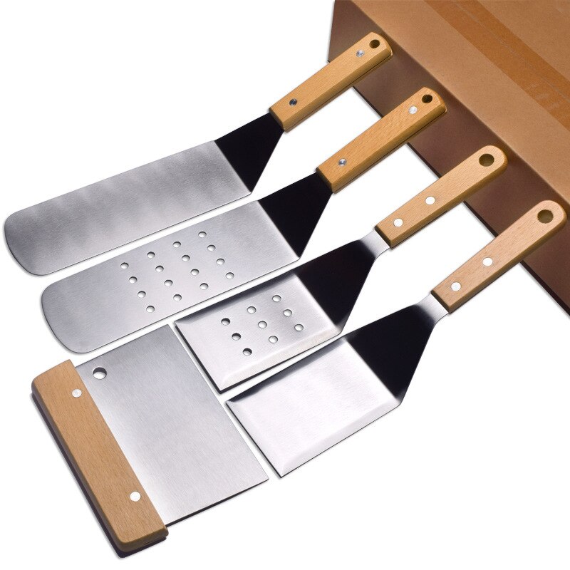 American Teppanyaki Set Beech Wood Handle Barbecue Tool Portable Outdoor Barbecue Shovel BBQ Shovel Cooking Frying Shovel: 5piece wooden handle