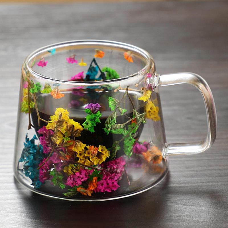 Dubbelwandige glazen koffiemok geïsoleerde bloem glazen espressokopje heldere melkbekers vulling gesimuleerde bloemen theekopje sap waterbeker