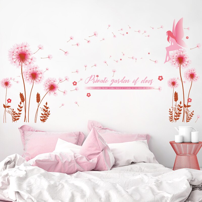 [shijuekongjian] Dandelion Flowers Wall Stickers DIY Cartoon Girl Mural Decals for Living Room Kids Bedroom House Decoration