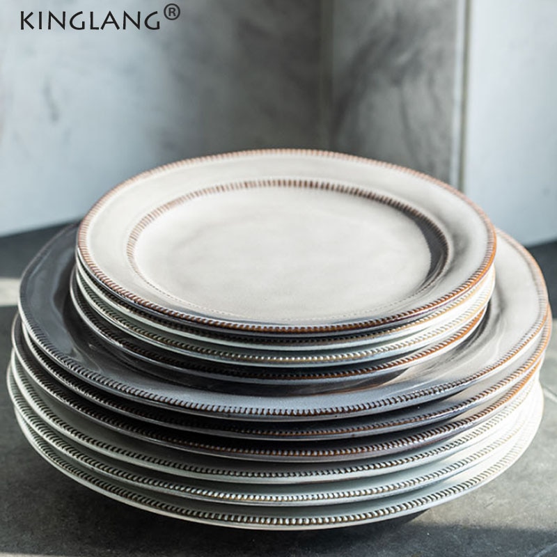 KINGLANG Plates Art Retro Dishes Ceramic Pottery Dinner Steak Plates Blunch Dish For Wedding Party Plates