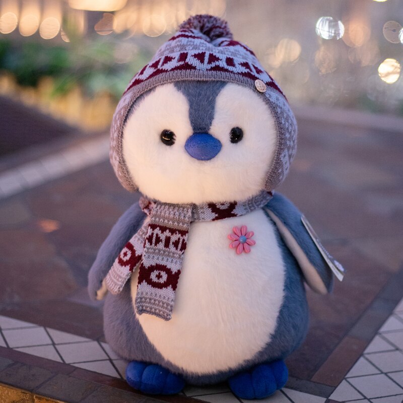 Schattige pluizige pinguïn knuffeldier, knuffeldier, sjaal, muts, aankleedpop, pinguïn, speelgoed voor kinderen, kerst: 25-27cm / Blauw