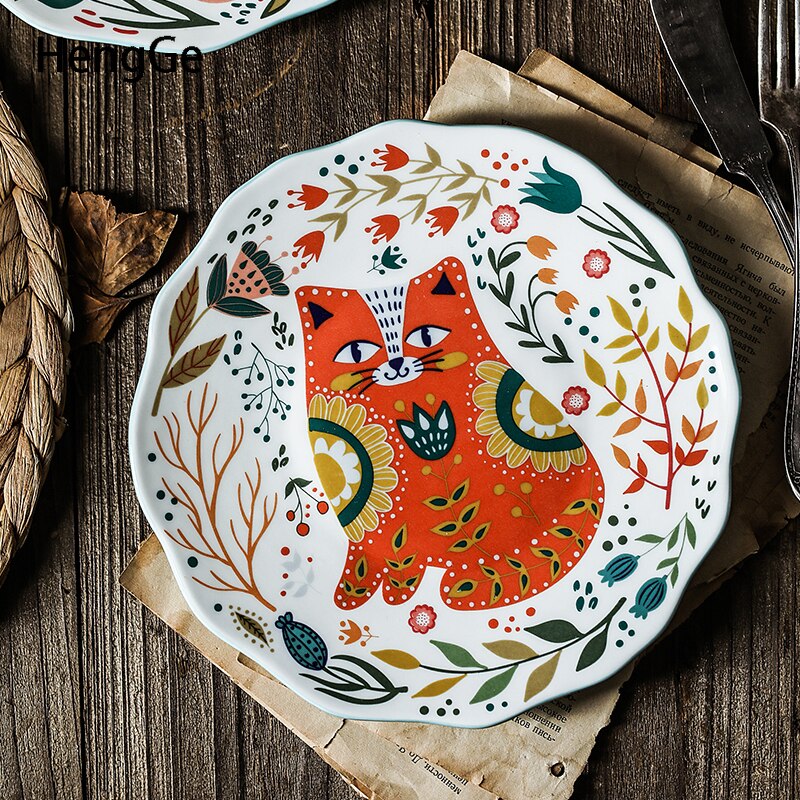 Creativity Cartoon Cat Painted Diner Plate Home Ceramic Plate Breakfast Dessert Dish Kitchen Decor Dinner Set Plates and Dishes