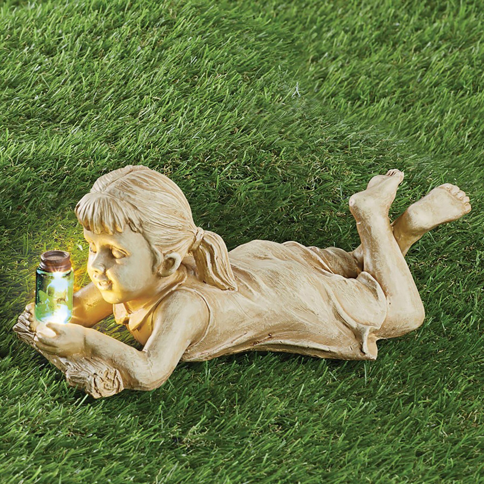 A Kid With Solar Fireflies Garden Statue Resin Jar Boy Girl Statue Whimsical Flowerbed Yard Lawn Outdoor Sculpture Decor: A