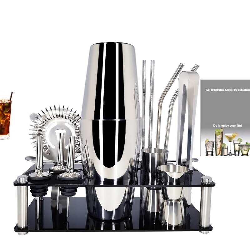 AREYOUCAN 14 stks/set Rvs 550/750ML Cocktail Shaker Jigger Ice Tong Stro + Rack Bar Cocktail Recepten