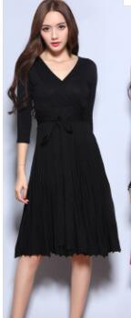 Autumn Winter Women Christmas Knee-Length Knitted Sweater Dress Casual Long Pleated Dress For Women Vestidos: black