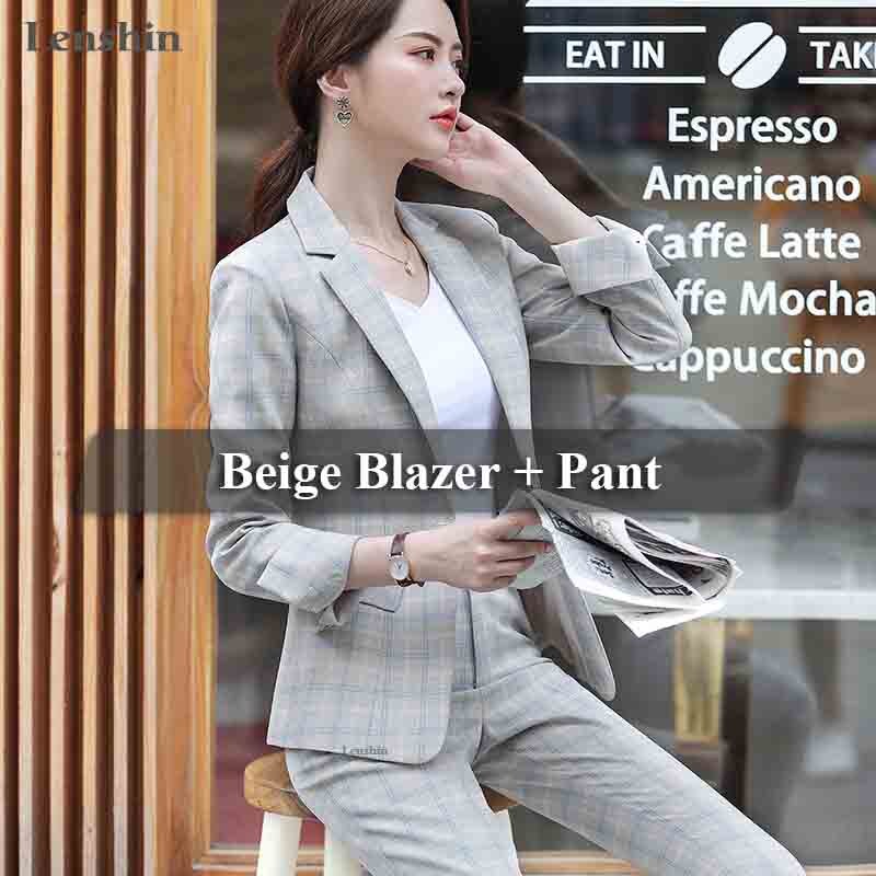 Lenshin 2 Piece Set Plaid Formal Pant Suit Blazer Office Lady Designs Women Soft Jacket and Ankle-Length Pant: 2 Pieces Beige Suit / L