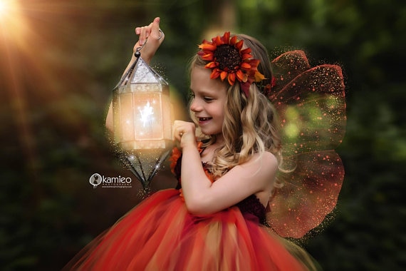 Schattige meisjes oranje fee tutu jurk kinderen halloween tule jurk baljurk met vlindervleugels kinderen cosplay kostuum feestjurk