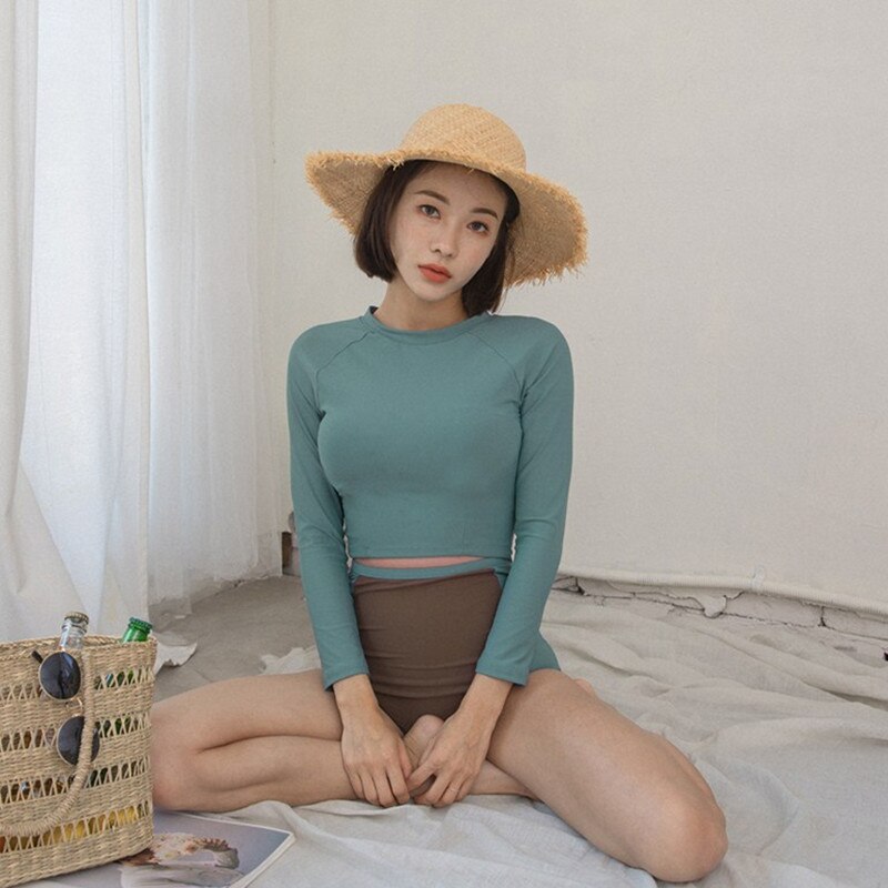 Koreansk stil ren farve dame badedragt badetøj høj hals langærmet top og bukser høj talje bund strandtøj badedragt