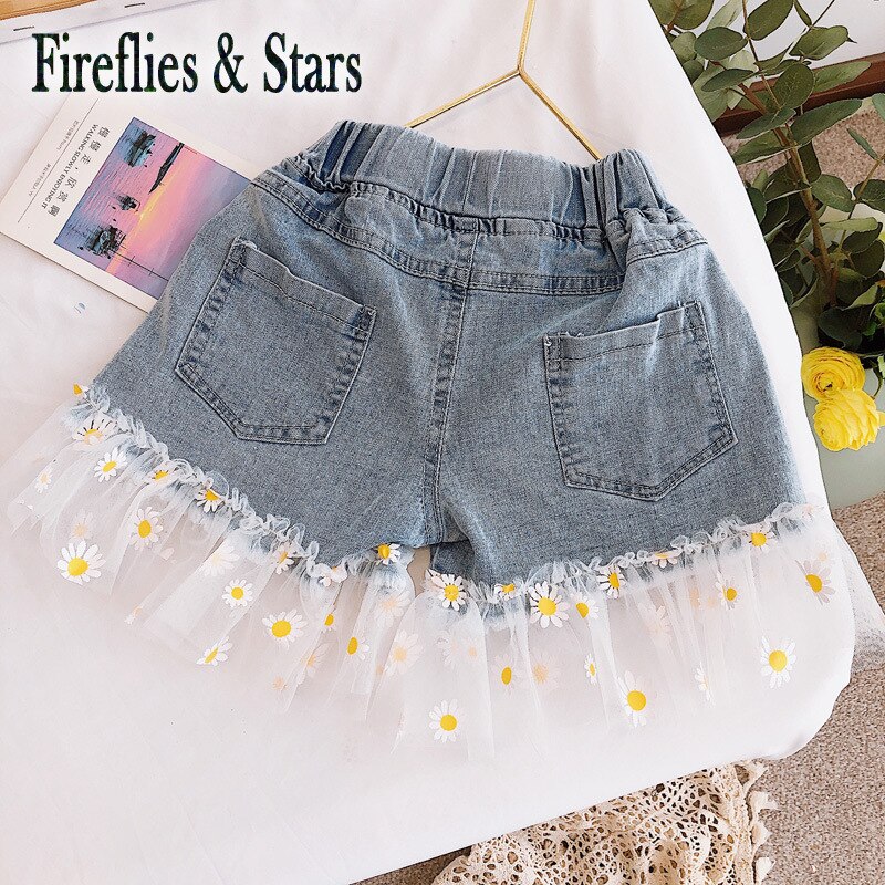 Pantalones cortos de verano para niñas, mini vaqueros para bebés, pantalones cortos de tela vaquera para niños, ropa de calle, bordado floral de malla, 1 a 8 años