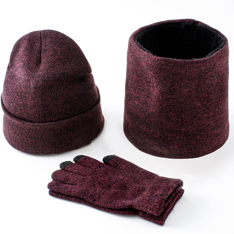 3 st/set mössor halsdukshandskar par vinter vindtäta tjocka halsdukar kit stickad plus sammetsmössa scarfset för män