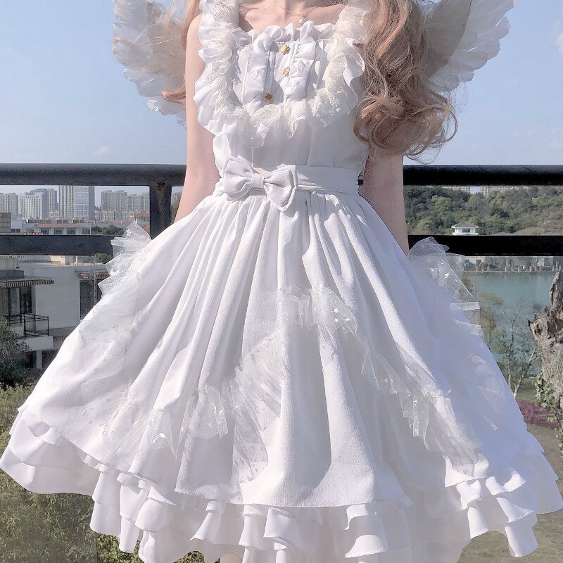 Zachte Witte Japanse Angel Jsk Lolita Jurk Vintage Meisjes Kawaii Gothic Star Kant Fee Trouwjurk: White / Xl
