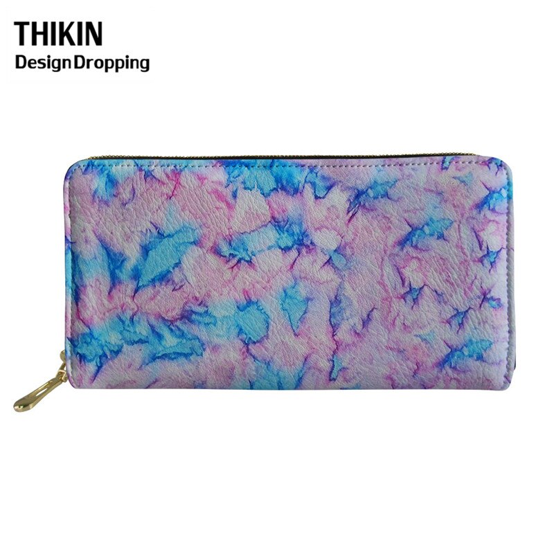 THIKIN Colorful Tie-dye Pattern Women Leather Wallet Ladies Travel Long Purse Phone Bag Daily Capacity Coin Bags: Purple 