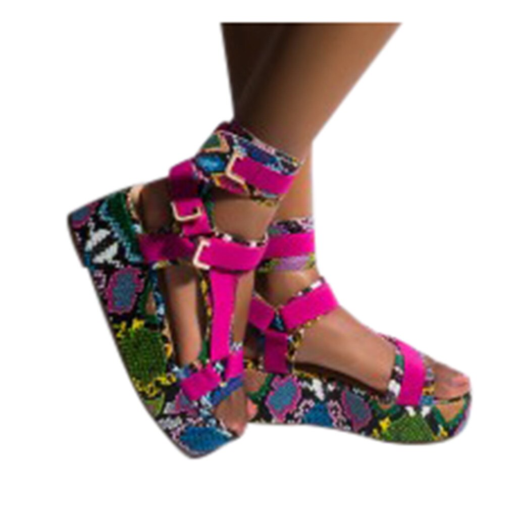 Sandalias de plataforma para mujer, zapatos planos para playa con punta abierta, correa de tobillo, piel de serpiente, cuero transpirable, informales