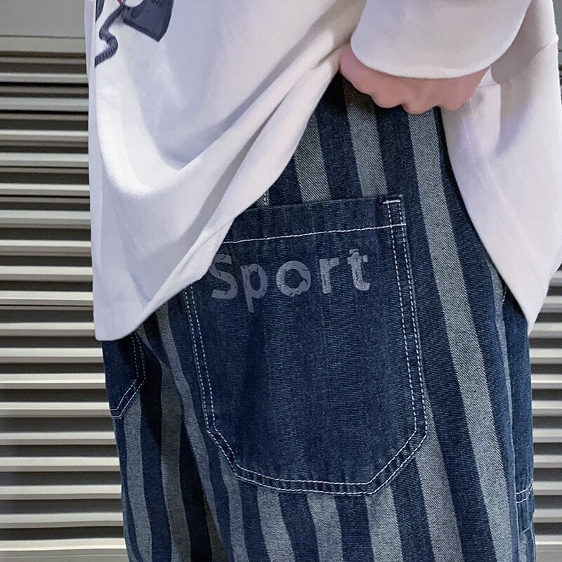 Men's Blue Striped Baggy Jeans 2022 Spring Korean Y2k Style Denim Straight Wide Leg Pants Male Branded Trousers
