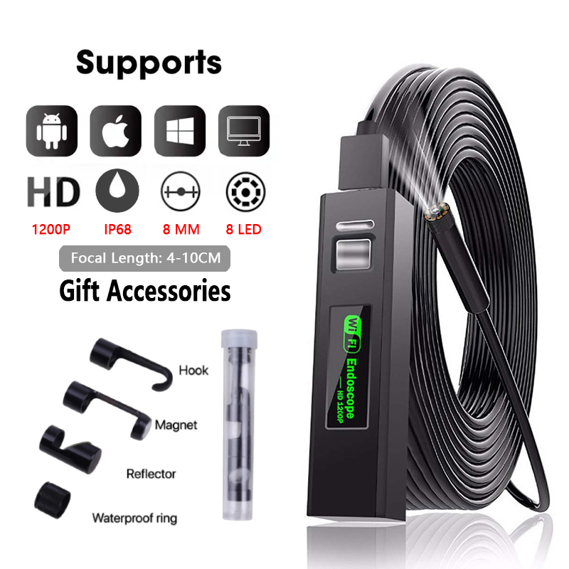 5.5/8mm 1200P Endoscopic Wifi Camera Endoscope For Android Iphone IOS Mobile Smartphone Car Inspection Tools Single Dual Lens: green / 2m