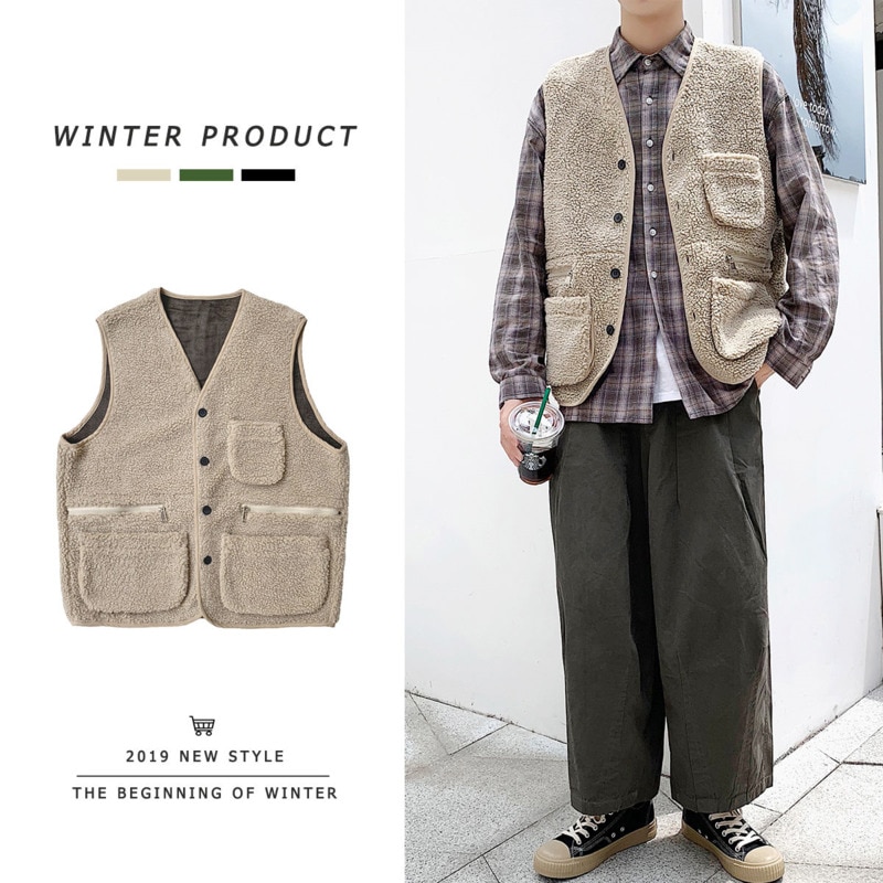 Winter Lam Haar Vest Mannen Warme Mode Effen Kleur Multi-Pocket Tooling Vest Mannen Street Wear Losse Koreaanse dikker Vest Heren
