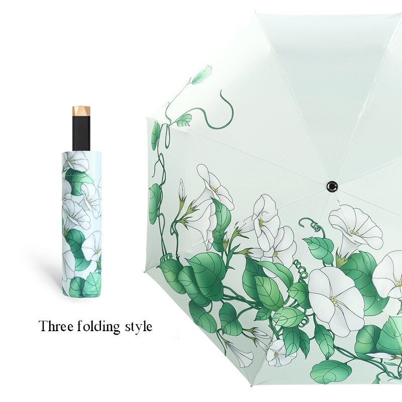 Paraguas plegables elegantes con flores para mujer, Parasol anti UV con revestimiento negro, paraguas para mujer, equipo de lluvia de viaje para chica, paraplaie compacto: 3 fold 8 ribs A