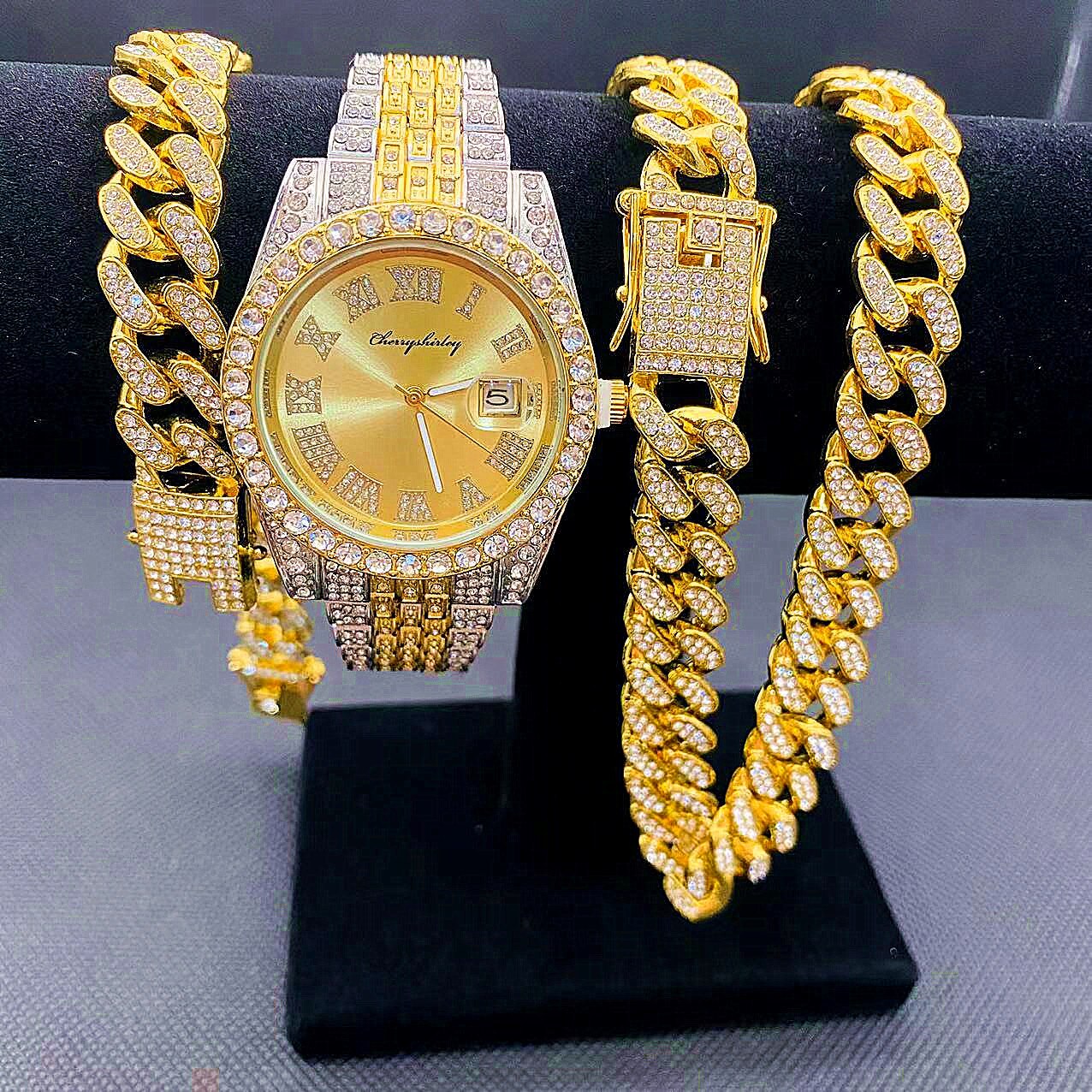 Montre entièrement glacée pour hommes, Bracelet, collier, ras du cou, bijoux bling-bling, grande chaîne en or, Hip Hop, ensemble de montre