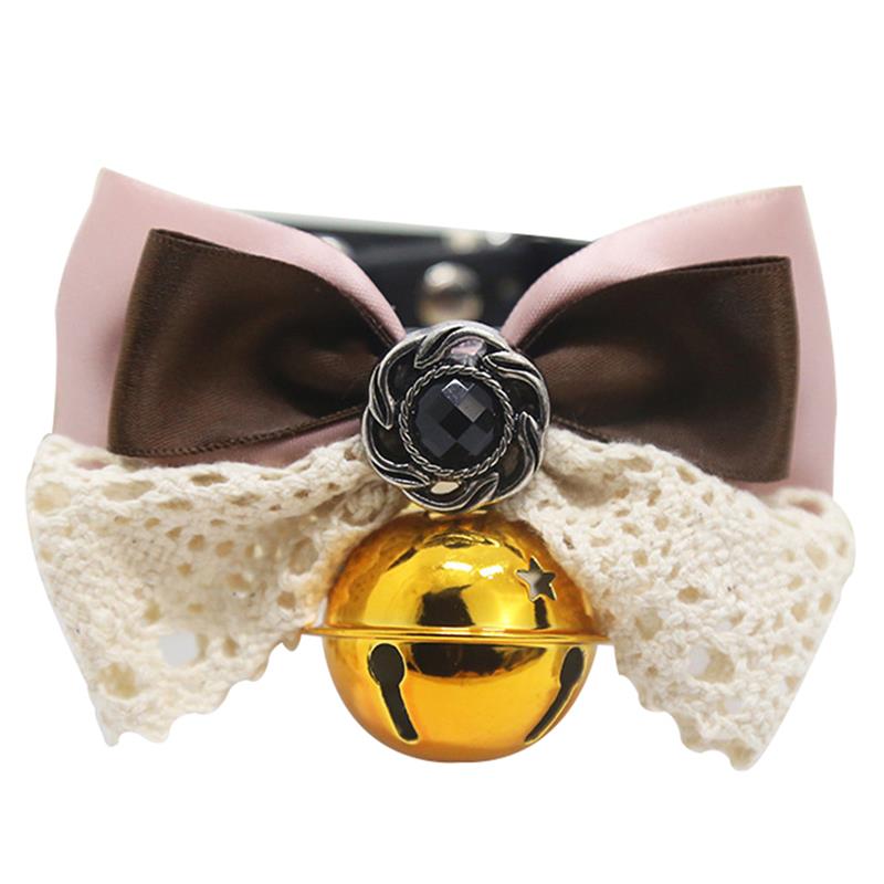 Cute Pets Cat Dogs Adjustable Collar Leather Bowtie Necktie Plaid Lace Bowknot with Bell for Wedding Party Cat Dog Grooming Tie: Pink   Golden bell / S
