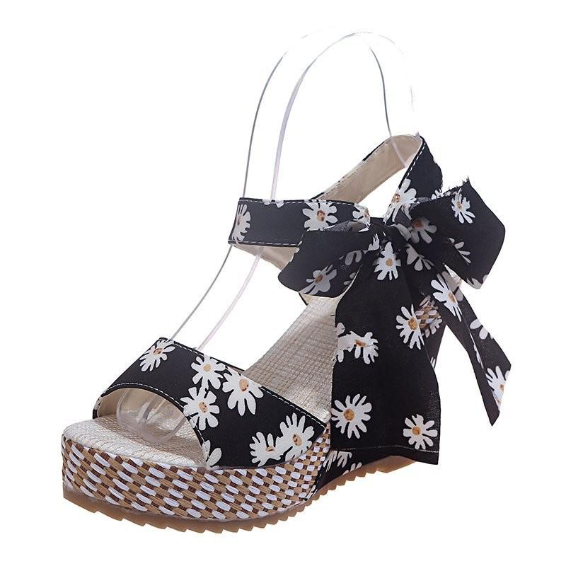 Chaussures d'été pour femmes, plate-forme à nœud papillon Floral, talons hauts, sangle de cheville bohème, chaussures à bout ouvert: Black / 38