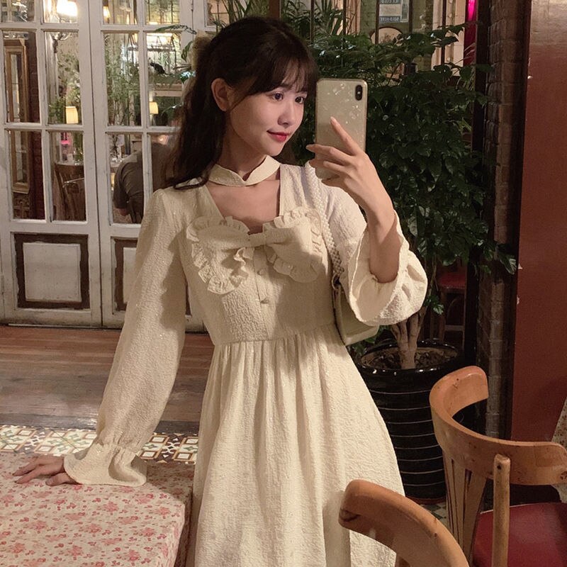 Franse feeënjurk lolita herfst japanse zachte meisjes schattige strik geplooide jurk missy retro victoriaanse middeleeuwse prinsessenjurk