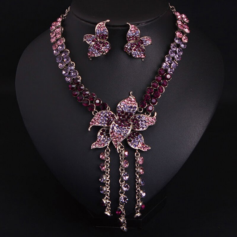 2022 Top Mode Bruiloft Ketting Oorbellen Set Bridal Bloem Luxe Sieraden Set: Purple