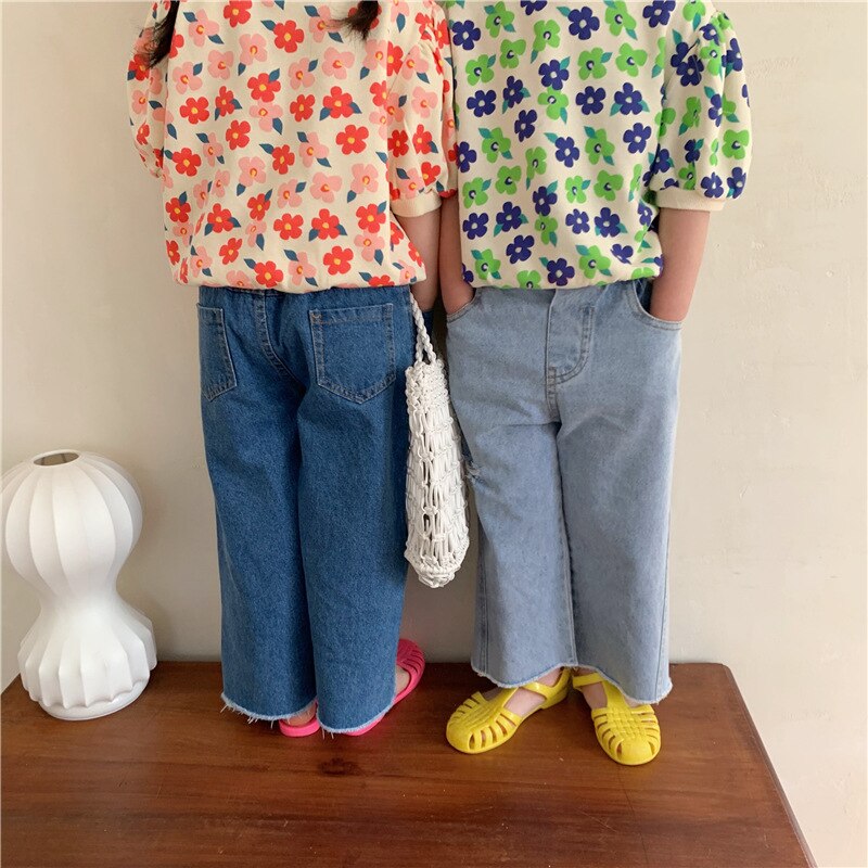 MILANCEL Été Nouveaux Enfants Pantalon Jean Déchiré à glissière Droite Vrac Solide Filles Pantalons Simple Décontracté Enfants Vêtements