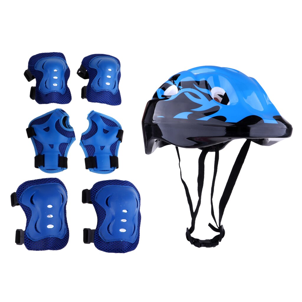 7 Pcs Child Cycling Inline Roller Skating Protective Gear Set - 58-62cm Safety Helmet + Knee &amp; Elbow Pads + Wrist Guards: blue 58-62cm