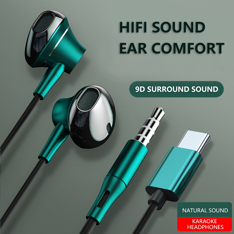 Type-C in-ear bedrade karaoke-hoofdtelefoon 3,5 mm stereo muziek oordopjes Handenvrije headset-oortelefoon met microfoon