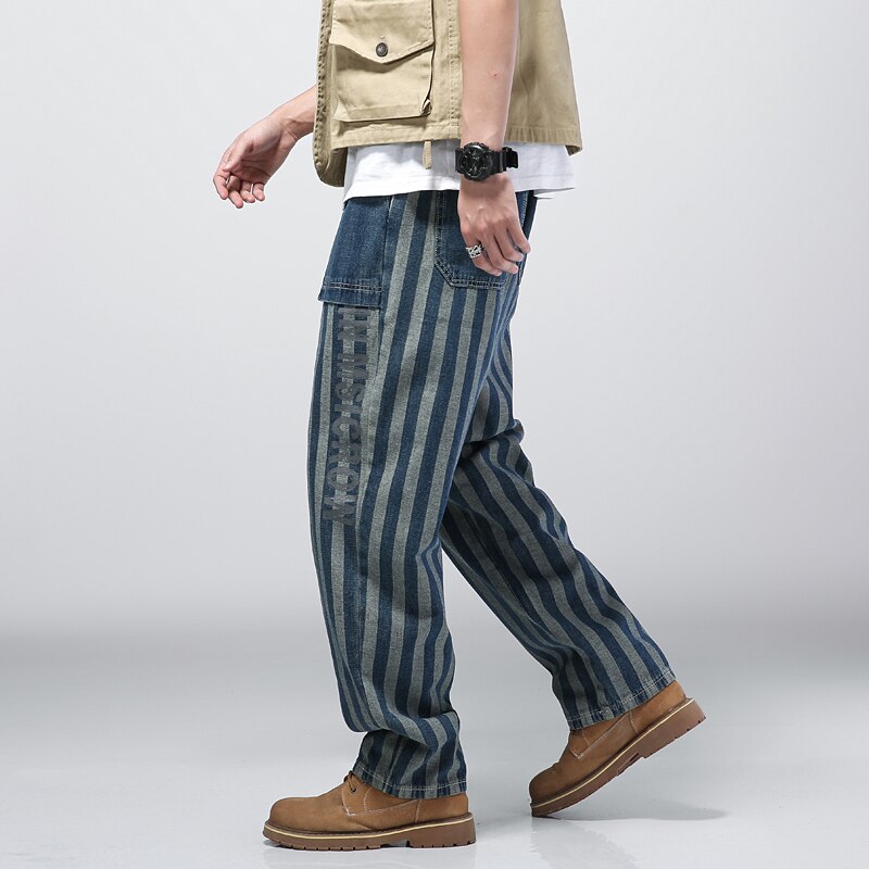 Pantalones vaqueros de rayas verticales para hombre, ropa de a la , con bolsillos grandes, holgados, elásticos, rectos, 2022
