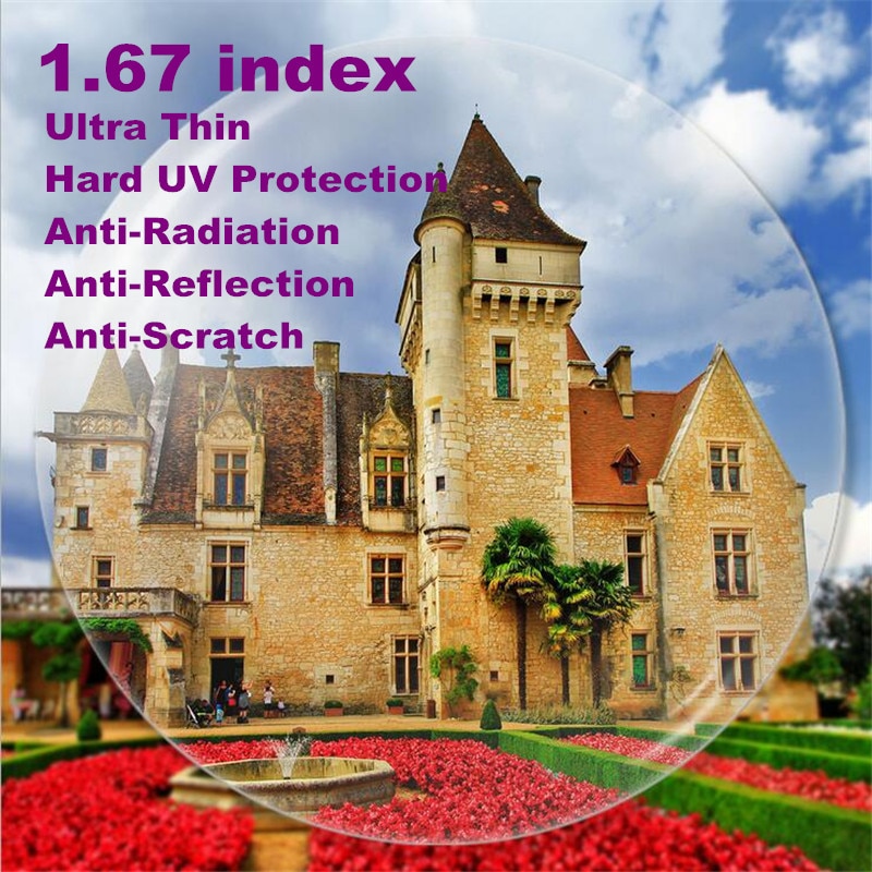 1.67 ultratynne asfæriske reseptbelagte linser cr -39 nærsynthet presbyopi linse harde uv beskyttelsesbriller anti-prot 2 stk