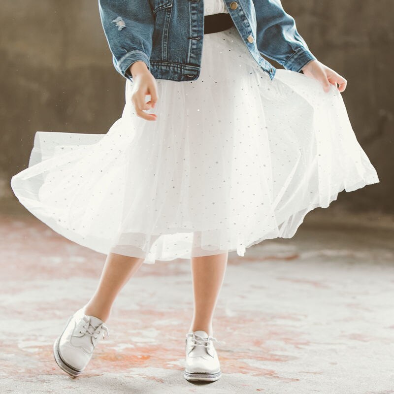 Falda blanca y negra para niñas, ropa de calle activa, primavera y verano, vestido de princesa, falda de malla