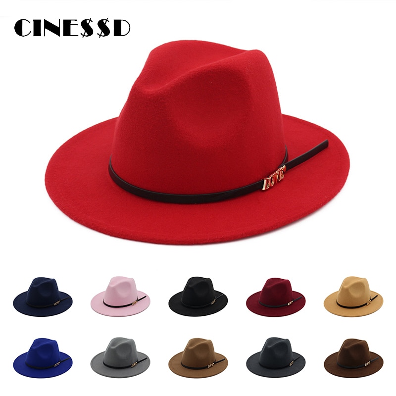 Men Wool Fedora Hat Wide Brim Women Faux Woolen Ladies Fedora LOVE Logo Jazz Hat Belt Caps Bowler Felt Hats Autumn Winter