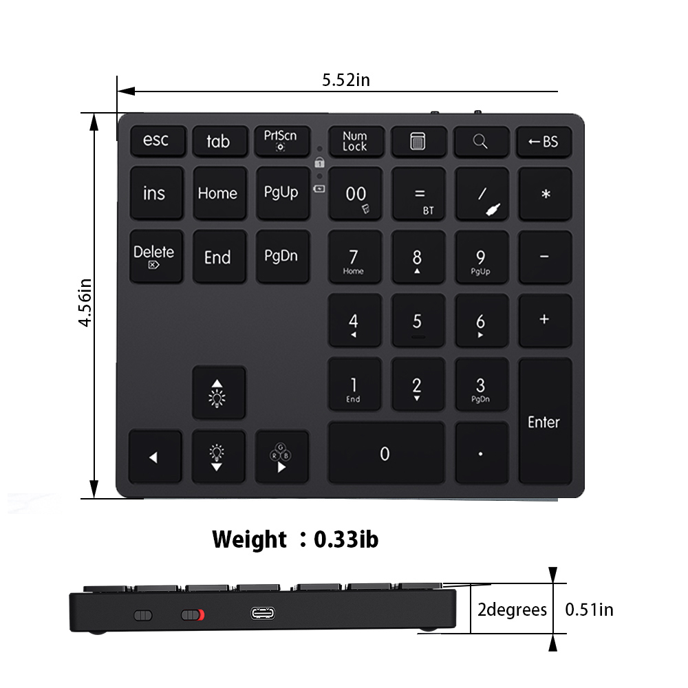 JOMAA 2.4G + Bluetooth Bedraad numeriek toetsenbord Draadloos oplaadbaar numpad-toetsenbord voor iPad Laptop Bedraad nummertoetsenbord