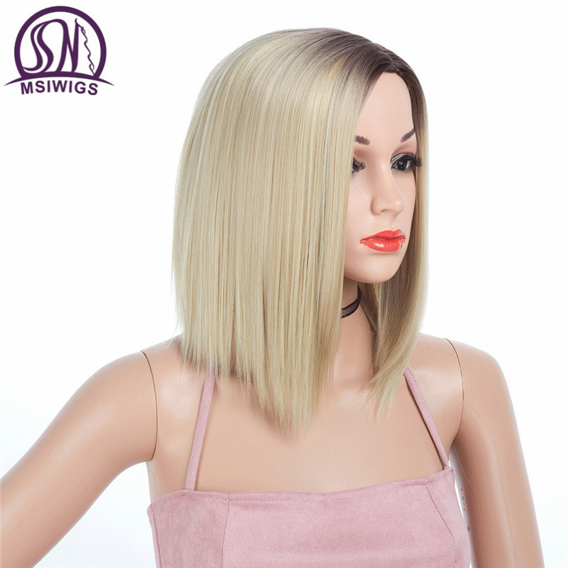 MSIWIGS Zwart Blonde Korte Rechte Pruiken Synthetische Vrouwen Pruik Grey Light Wortel Natuurlijke Ombre Haar Pruik Hittebestendige