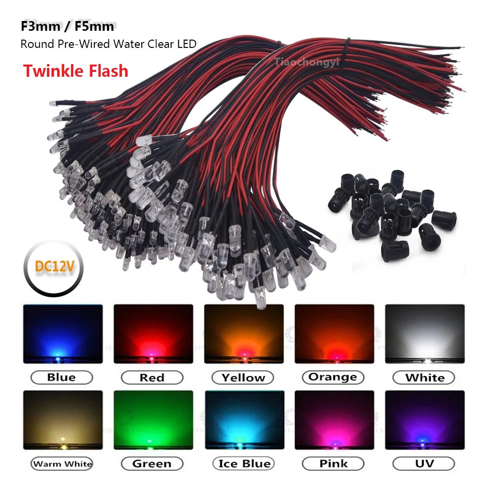 100 Stück Twinkle Flash DC 5–12 V, klare F3 mm, 5 mm blinkende LED mit 20 cm rotem und schwarzem Drahtlicht, weiß, rot, blau, grün, gelb, RGB-Blitz