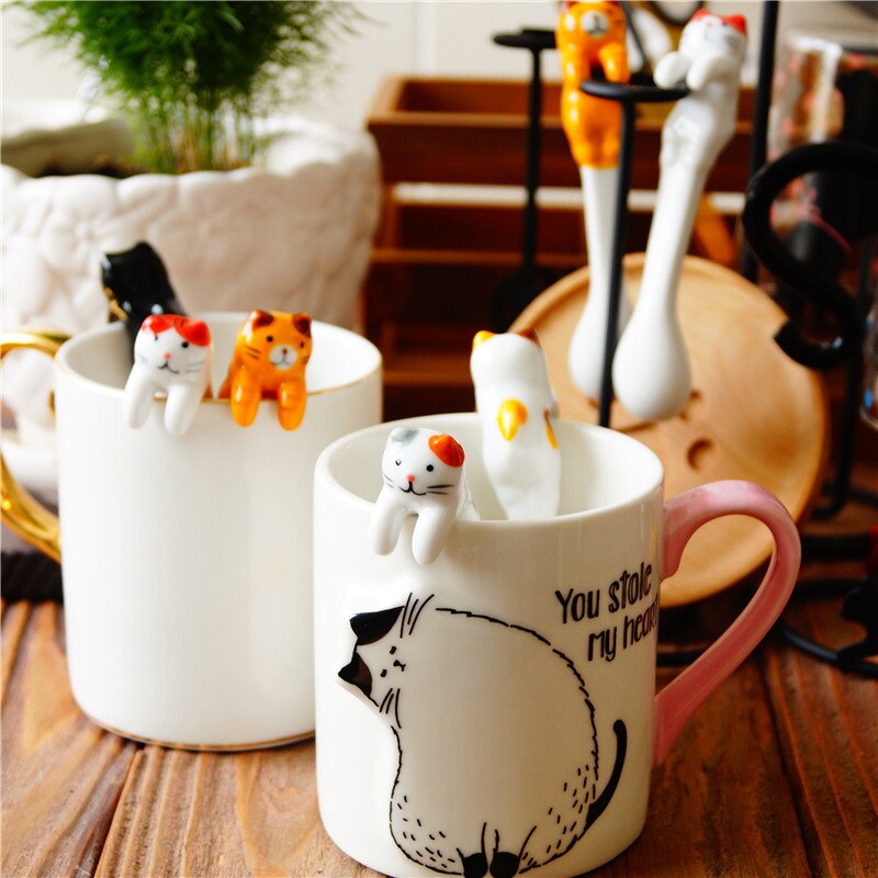 5 Pcs Keuken Tool Novelty Keramische Cartoon Leuke Kat Dier Lepel Opknoping Koffie Dessert Lepel Unieke Ijs Bestek