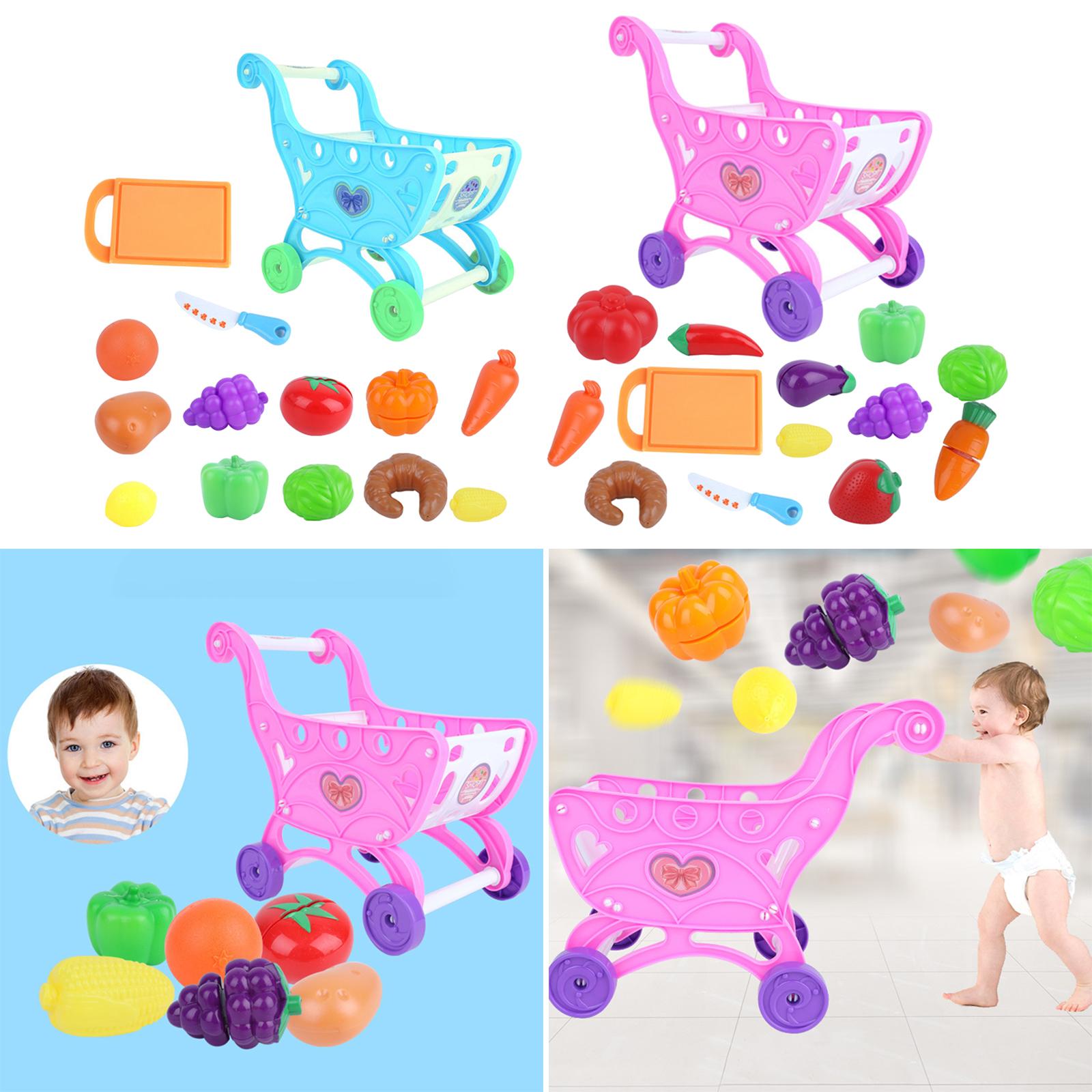 14Pcs/Set Shopping Trolley Cart Supermarket Trolley Basket Mini Simulation Fruit Food Imaginative Play