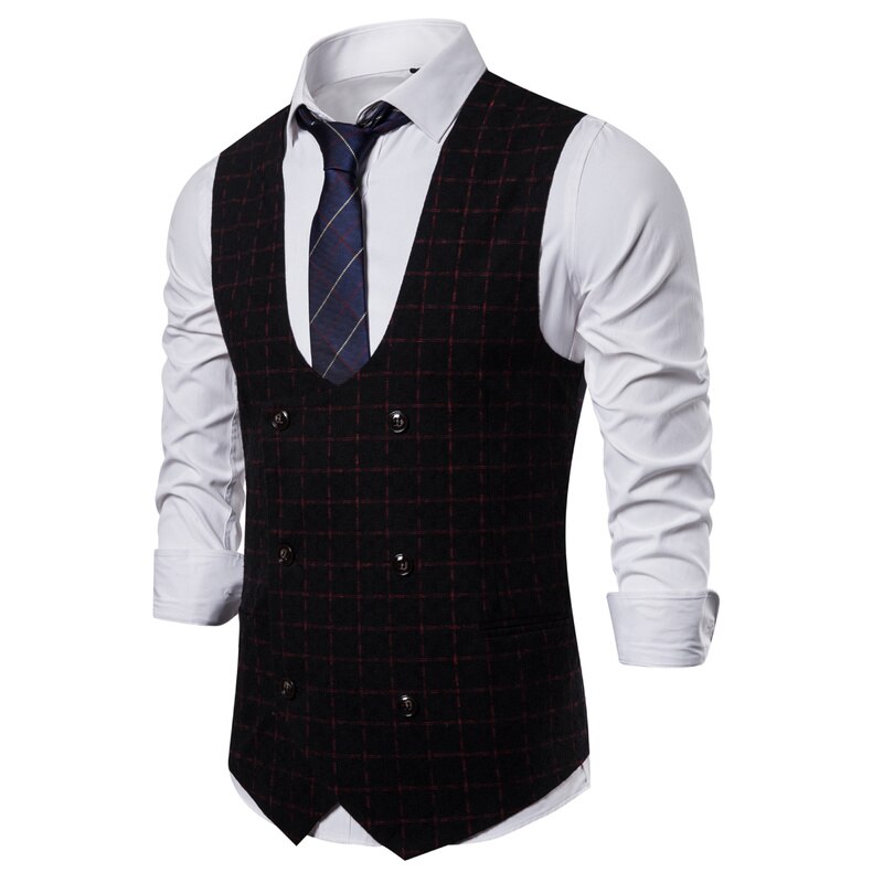 Ærmeløs jakkesæt til mænd vest i britisk stil dobbeltradet ternet vest slim fit ærmeløs jakke formel business vest