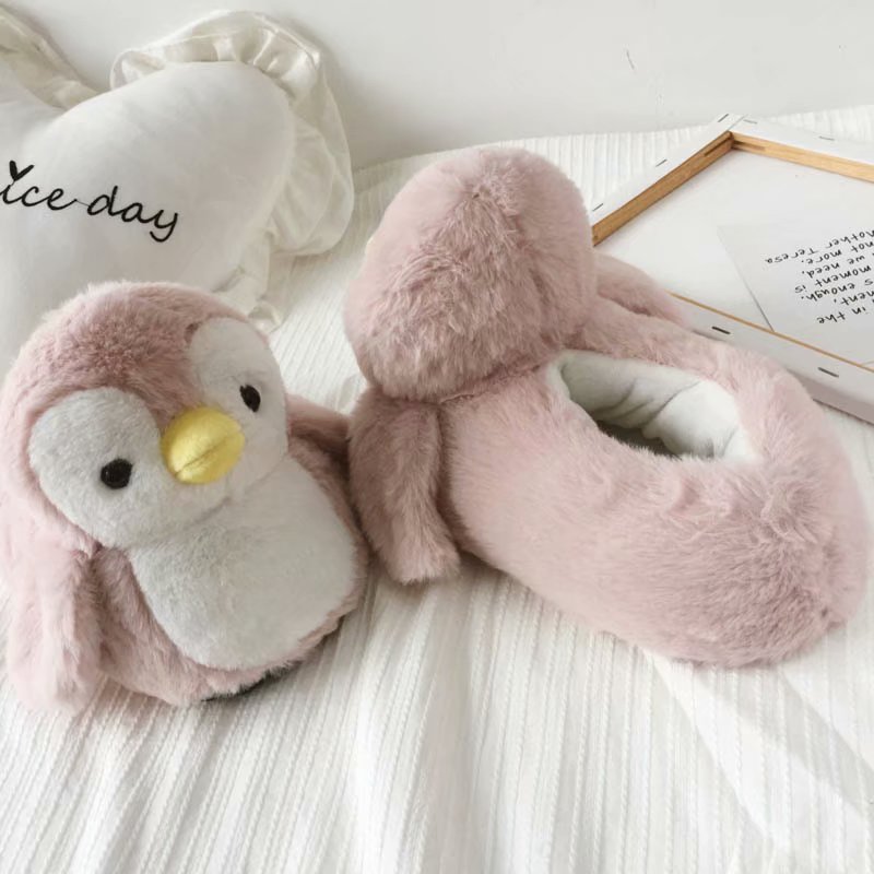 Girl Indoor Pink Penguin Warm Women Slippers Cute Animal Winter Home Cotton Plush Head Silent Indoor Flor Female Shoes