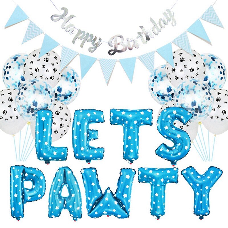 Pet Dog Cat Birthday Party Decoration Set Cute Letter LETS PAWTY Party Balloon Decor Dog Pet Party Banner Pet Birthday Supplies: blue set