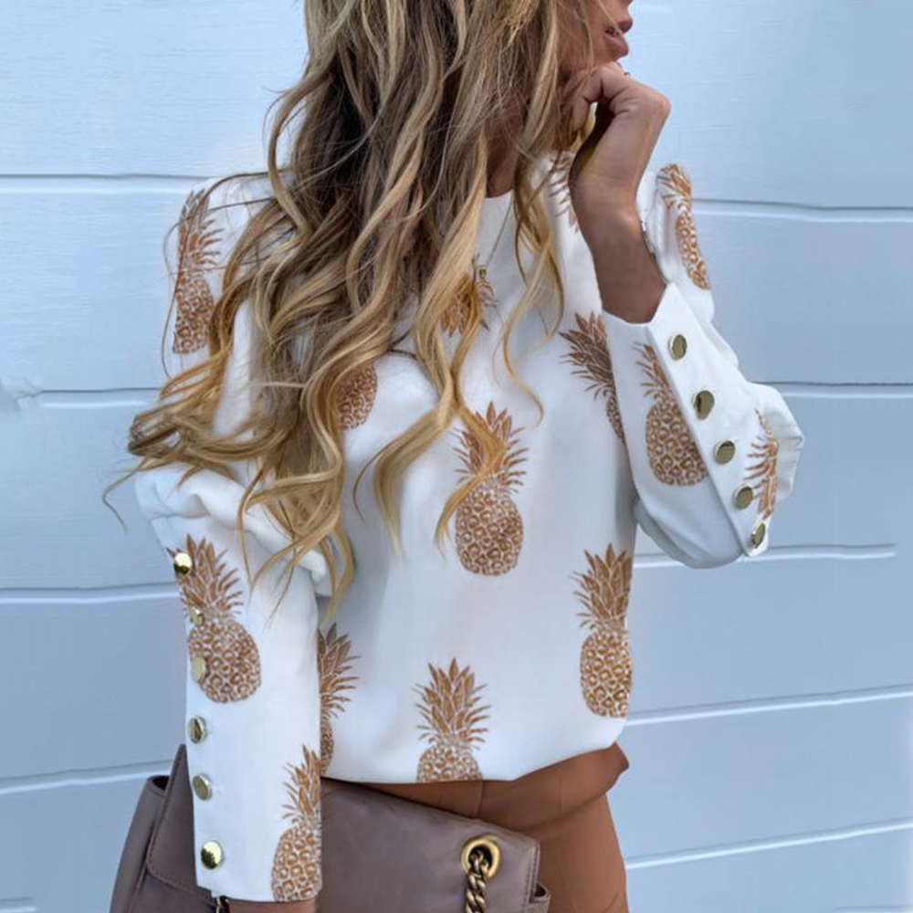 Women Blouse Puff Shoulder Shirts Office Lady Autumn Metal Buttoned Detail Blouses women Pineapple Print Long Sleeve Tops