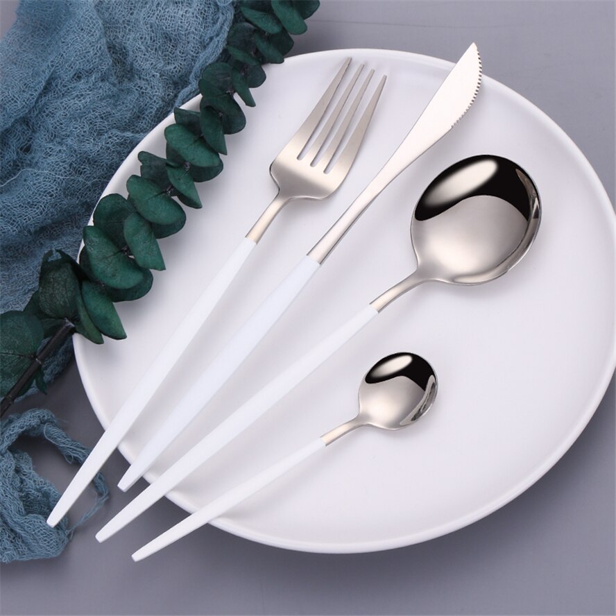 4Pcs/set white silver Cutlery Set 18/10 Stainless Steel Dinnerware Silverware Flatware Set Dinner Knife Fork Spoon