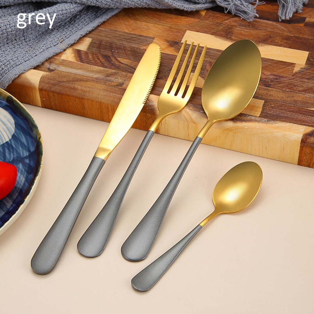 Gold Cutlery Set Stainless Steel Cutlery Western Dinnerware Set Kitchen Knives Spoon Pink Set Steel Cutlery Set: gray