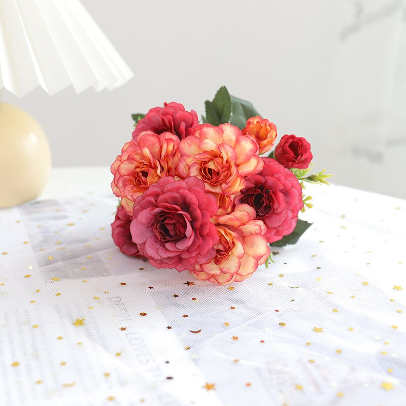 Roze Kunstbloemen Zijde Pioen Met Plant Laat Papieren Bloemen Muur Decor Bruiloft Decoratie Herfst Blumen Craft Moederdag: red