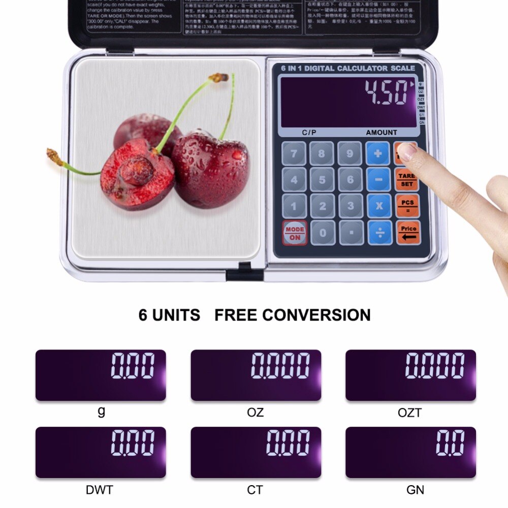 Yieryi 6 in 1 multifunksjons digital vekt elektronisk 100g/200g/300g/500g/1000g vektbalanse med håndflatekalkulator