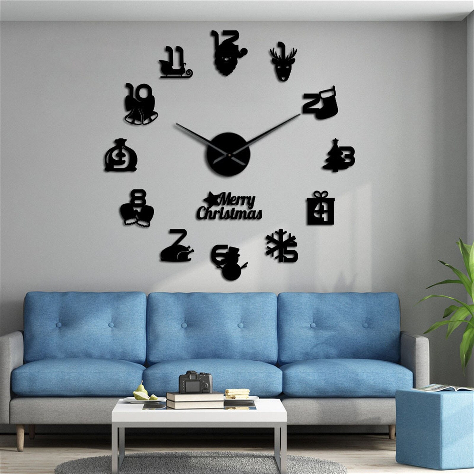 Noël sans cadre bricolage mur muet horloge décoration de la maison salon 3d miroir Surface autocollant décor à la maison horloge murale: A